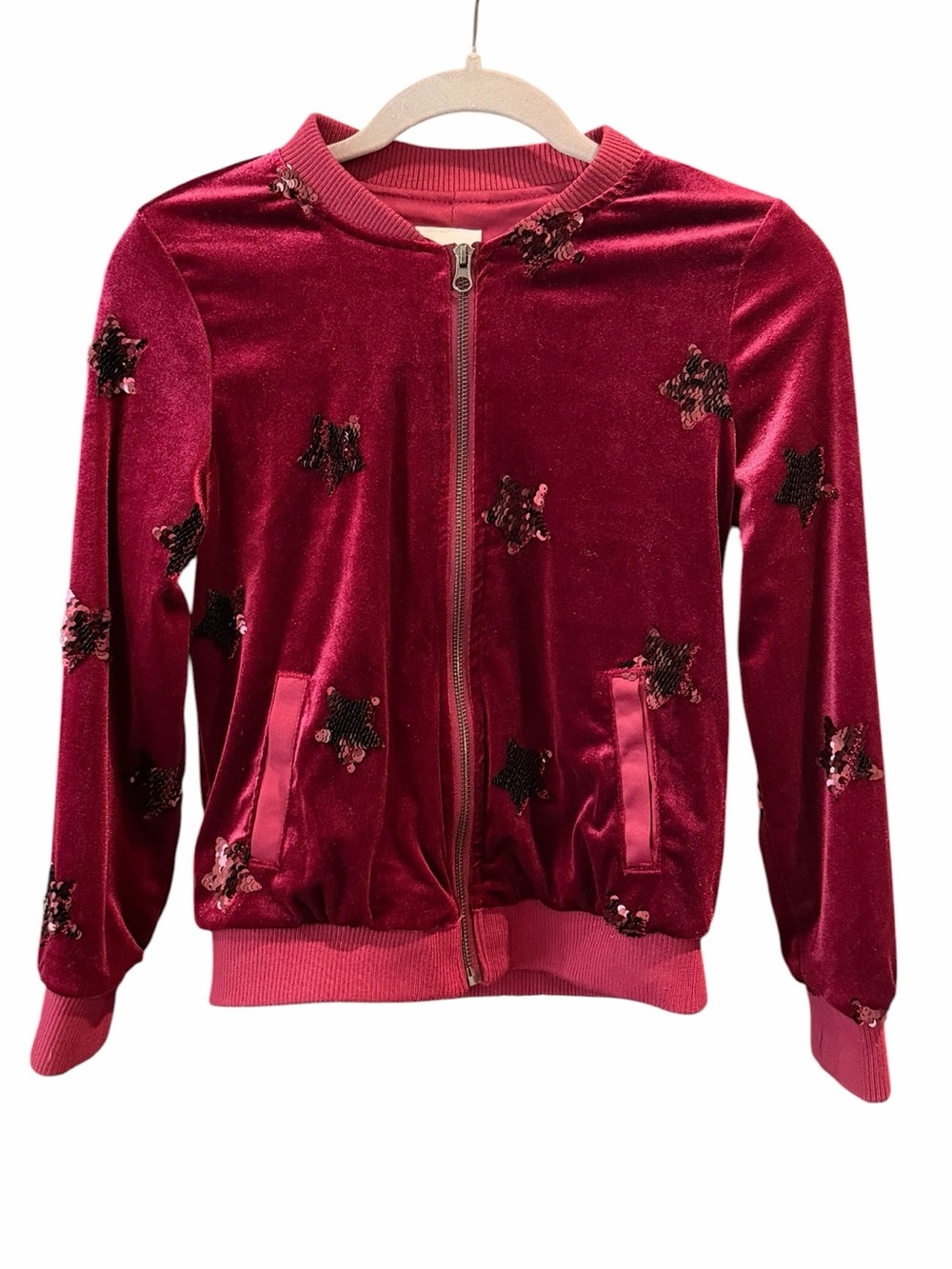 Cat & Jack Deep Maroon Red Velvet Sequin Star Bomber Jacket Kids Large (10/12)